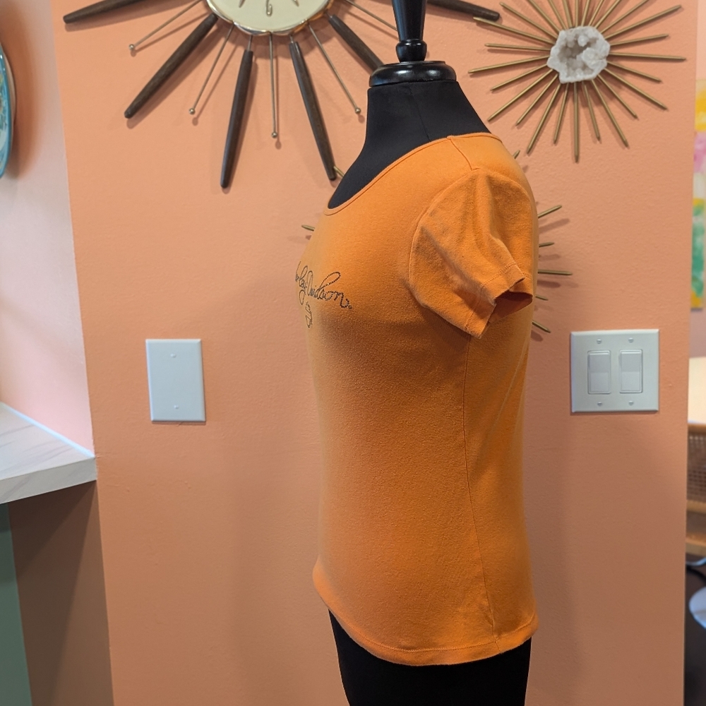 Vintage Y2K Harley-Davidson Women's Orange Top M Distressed Tee Bikercore 2000s - Picture 5 of 16